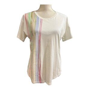 Anthropologie XS Rainbow Stripe Accent Crew Neck Short Sleeve Shirt White‎